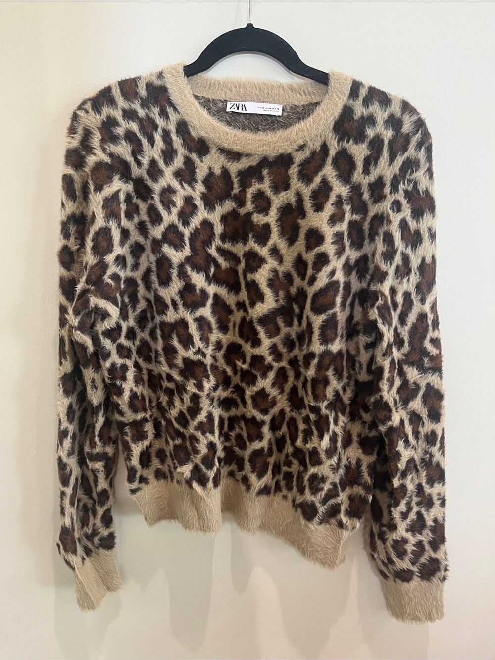 Zara Leopard Print Fuzzy Crewneck Sweater - Brown/Beige
